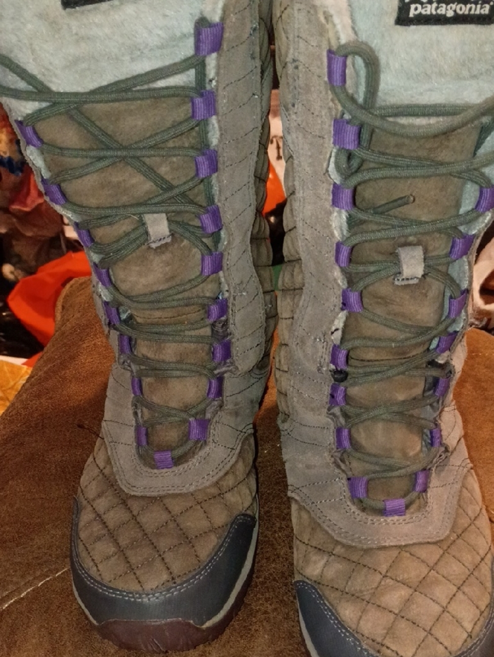 Patagonia Women's Gray Tall Winter Boots with Purple Eyelets